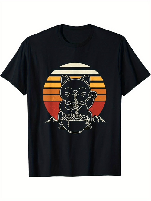 Men's Graphic T-Shirt Retro Sunset With Lucky Cat Enjoying Hot Ramen Bowl