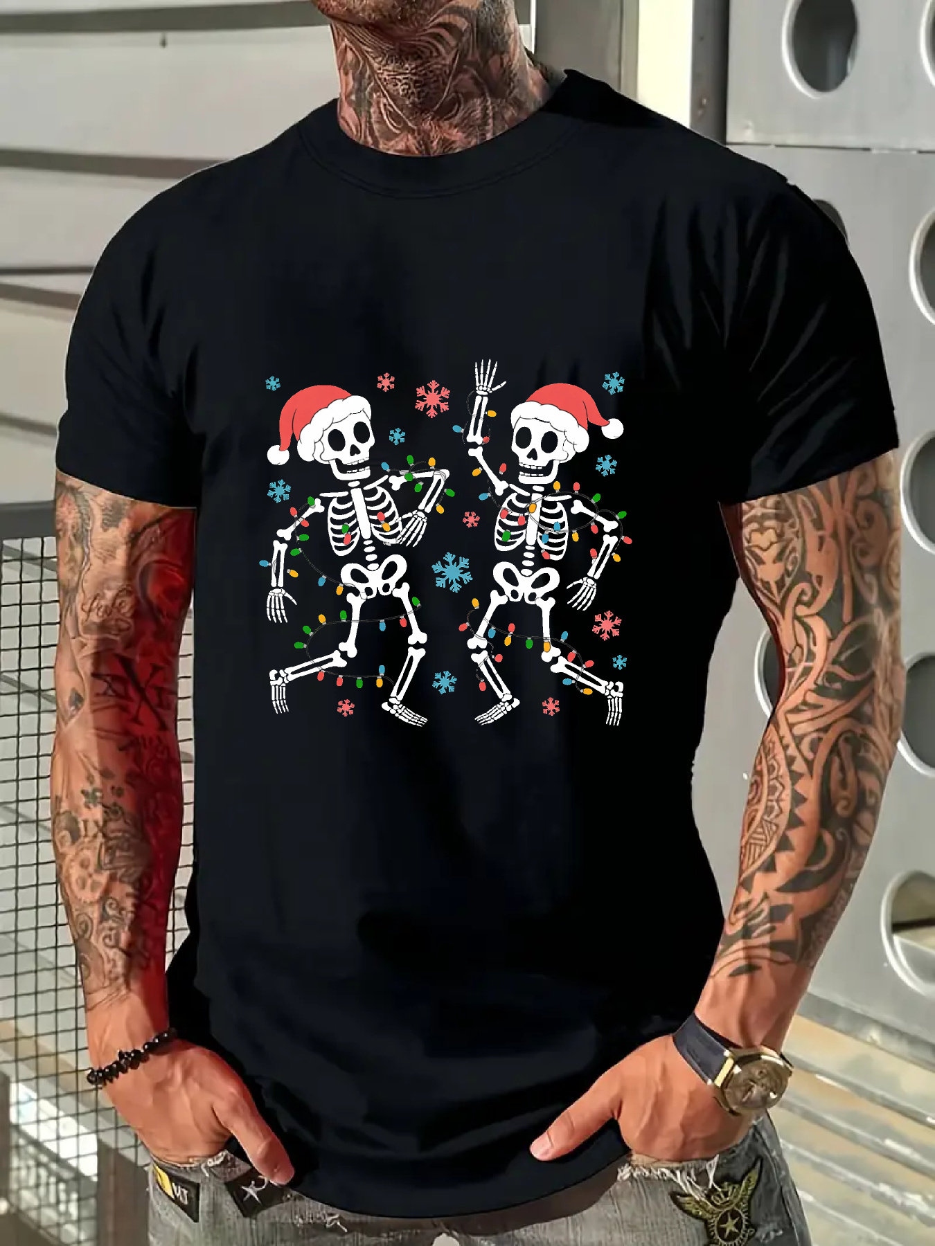 Men's Graphic T-Shirt Dancing Skeletons With Santa Hats Surrounded By Snowflakes Christmas Skeleton