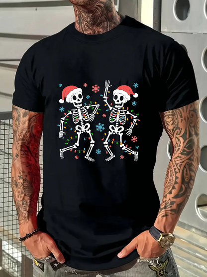 Men's Graphic T-Shirt Dancing Skeletons With Santa Hats Surrounded By Snowflakes Christmas Skeleton