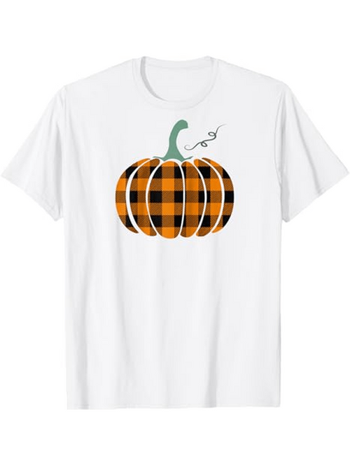 Men's Graphic T-Shirt Rustic Orange Plaid Pattern Pumpkin With Green Stem