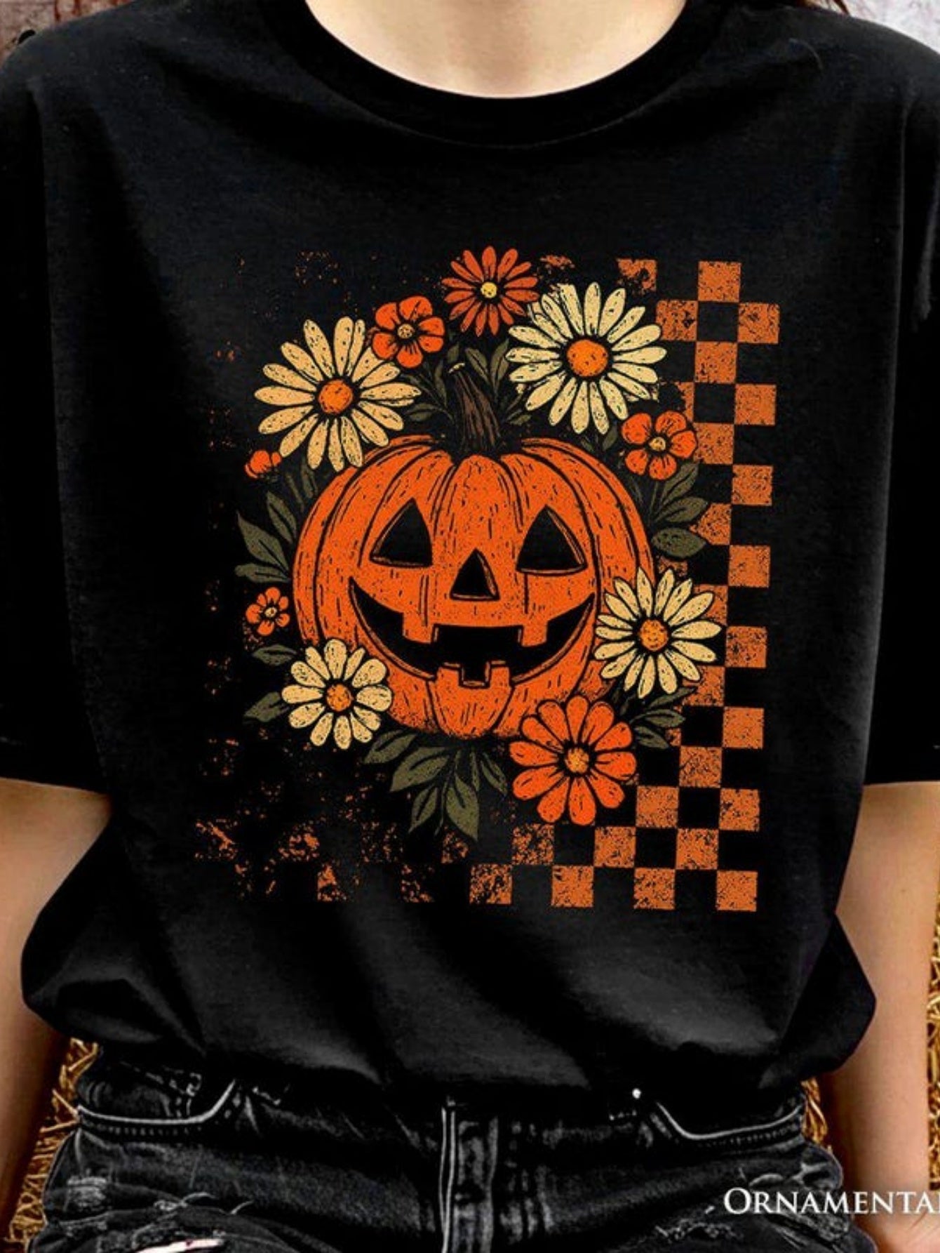 Men's Graphic T-Shirt Checkerboard Pattern With Autumn Flowers Around Smiling Jack O Lantern Pumpkin