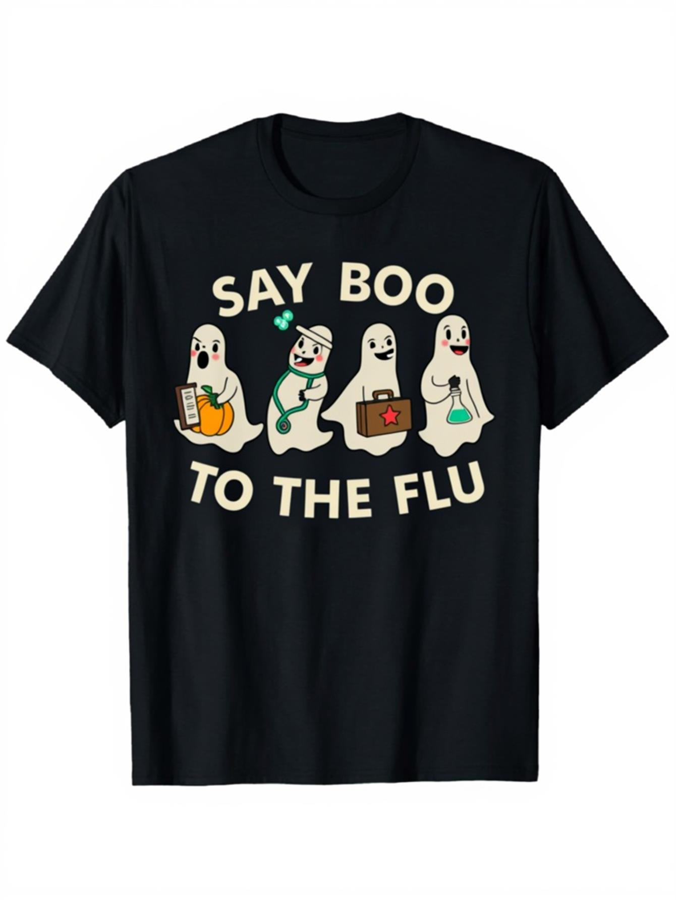 Men's Graphic T-Shirt Say Boo To The Flu Playful Ghosts With Medical Accessories Among Cheerful Halloween Spirits