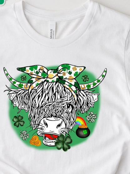 Men's Graphic T-Shirt Clover Ribbon And Shamrocks With Colorful Rainbow Highland Cow