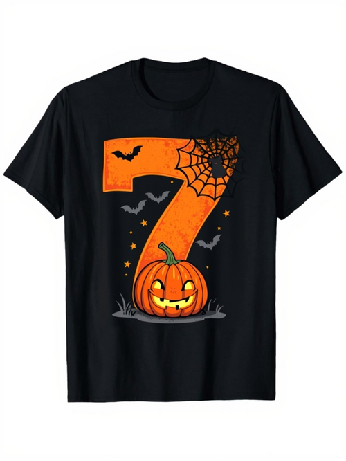 Men's Graphic T-Shirt Halloween Pumpkin With Spooky Bats Spider Web And Glowing Night Number