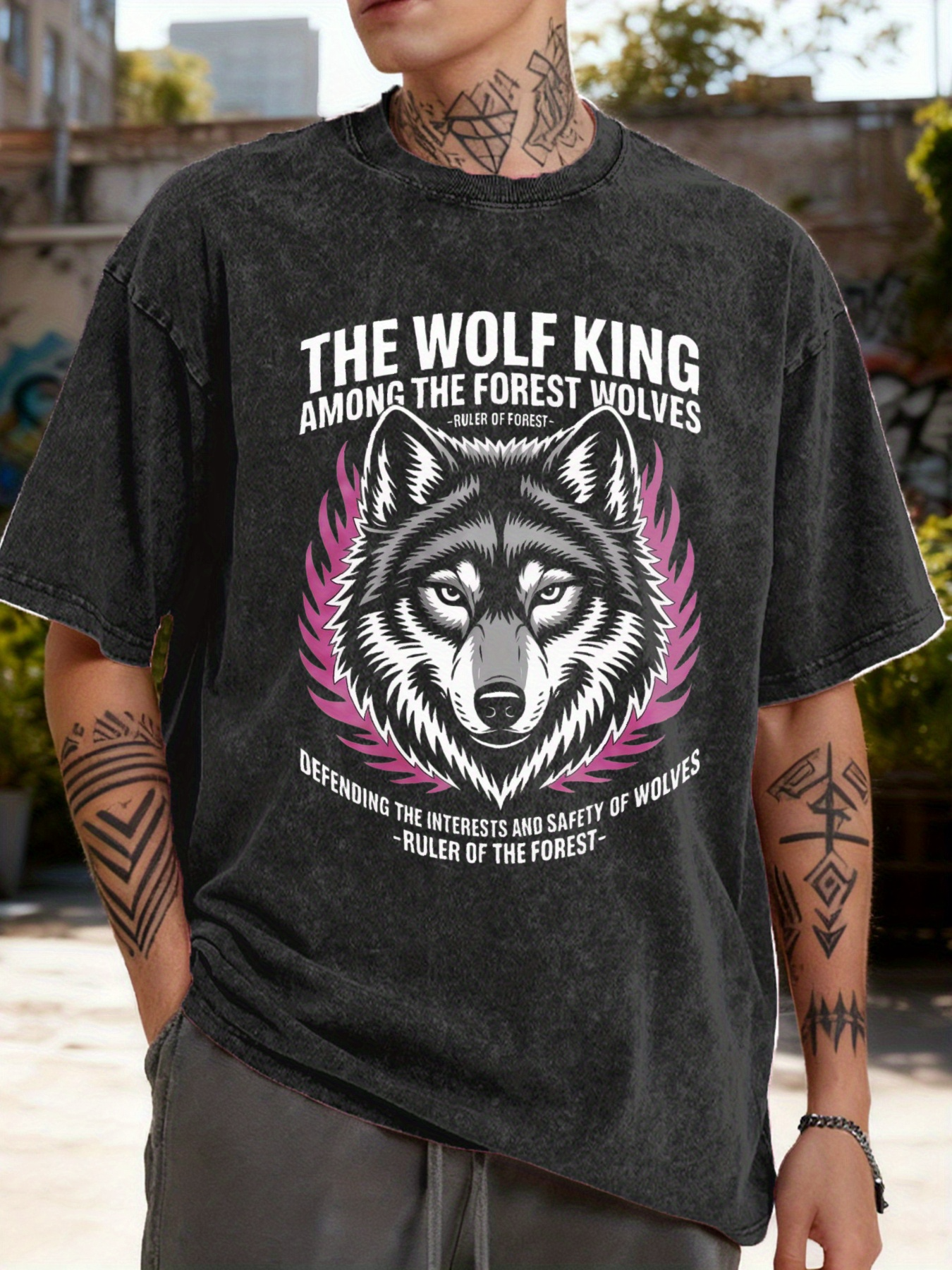 Men's Graphic T-Shirt The Wolf King With Pink Feathers Among Forest Wolves Surrounded By Text Wolf