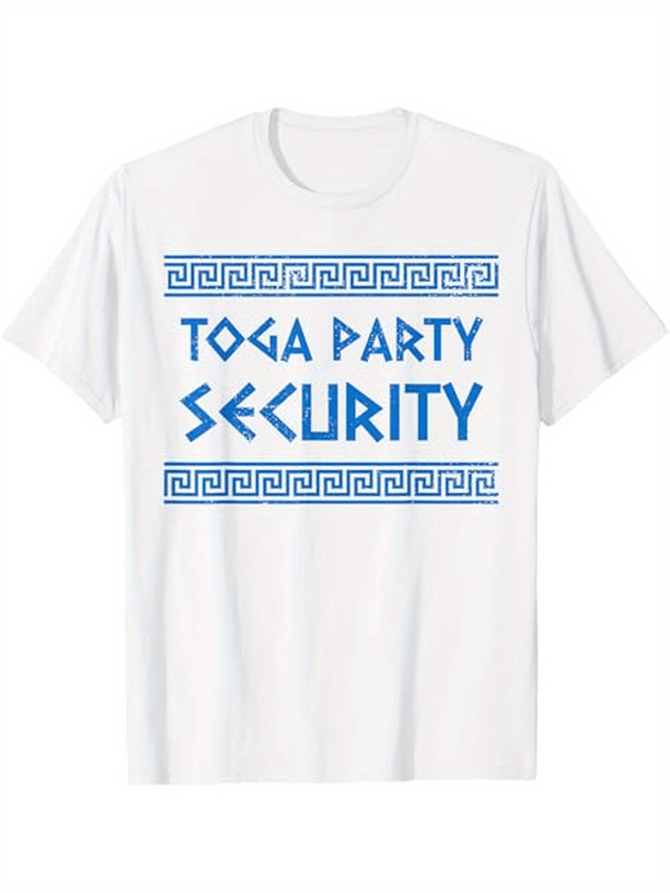 Men's Graphic T-Shirt Toga Party Security Blue Greek Pattern On White Shirt