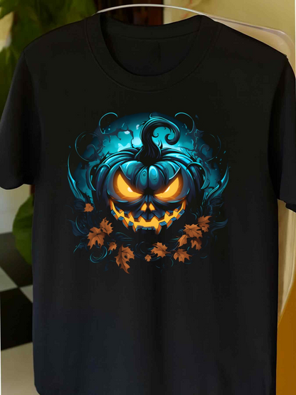 Men's Graphic T-Shirt Glowing Blue Fire With Autumn Leaves Surrounding A Grinning Pumpkin
