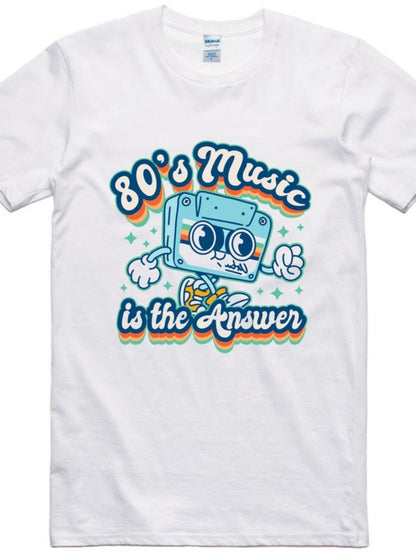 Men's Graphic T-Shirt 80s Music Is The Answer With Retro Cassette Character Among Sparkling Stars