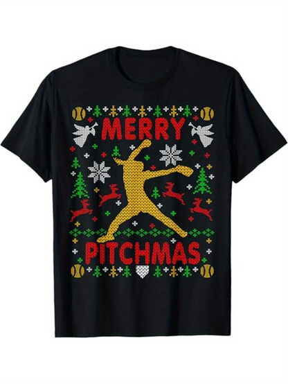 Men's Graphic T-Shirt Merry Pitchmas Christmas Trees Doves And Baseball Pitcher