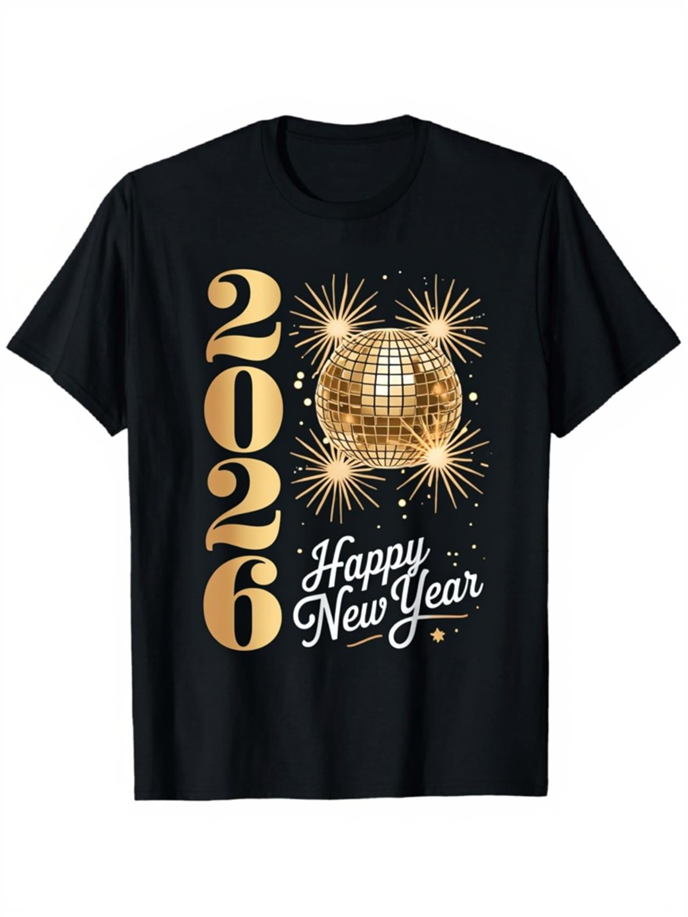 Men's Graphic T-Shirt Happy New Year Golden Fireworks Around Shining Disco Ball