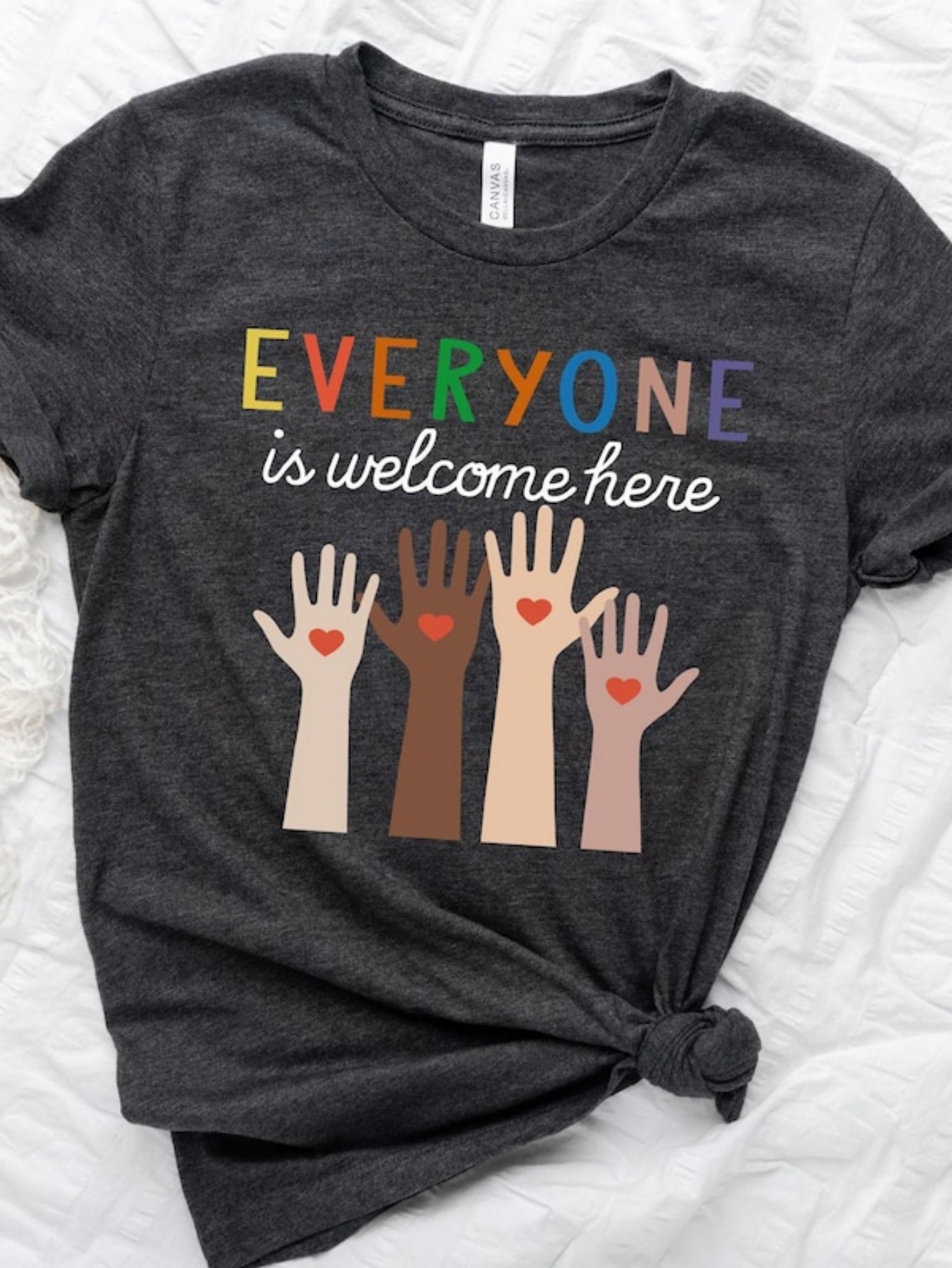 Men's Graphic T-Shirt Everyone Is Welcome Here Raised Hands With Colorful Hearts Diversity