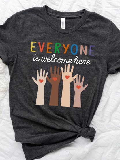 Men's Graphic T-Shirt Everyone Is Welcome Here Raised Hands With Colorful Hearts Diversity