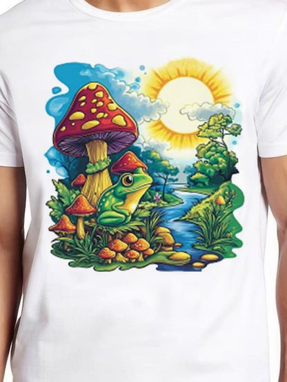 Men's Graphic T-Shirt Sunny Morning Landscape With Flowing River Frog Among Mushrooms
