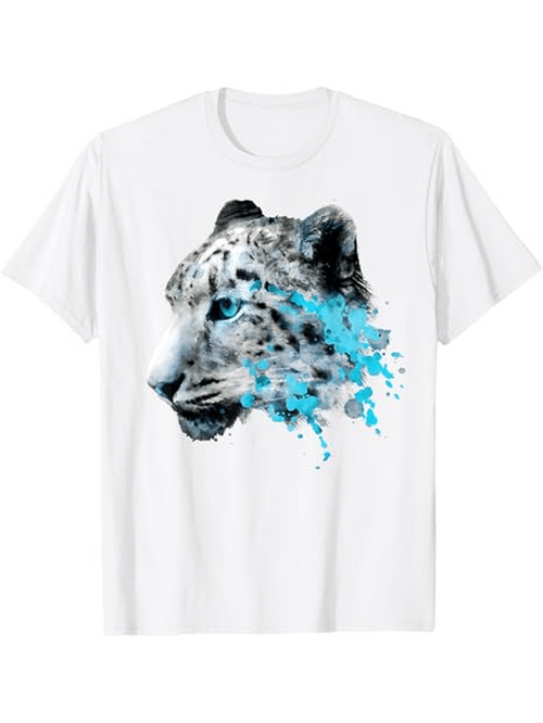 Men's Graphic T-Shirt Splattered Blue Abstract With Fierce Snow Leopard Head Portrait