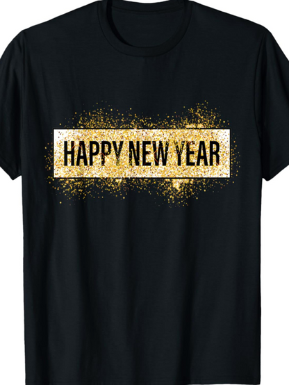 Men's Graphic T-Shirt Happy New Year Golden Glitter Rectangular Message With Black Spray Burst Text