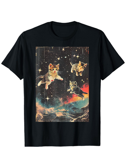 Men's Graphic T-Shirt Floating Kittens Among Stars And Vibrant Cosmic Night Sky
