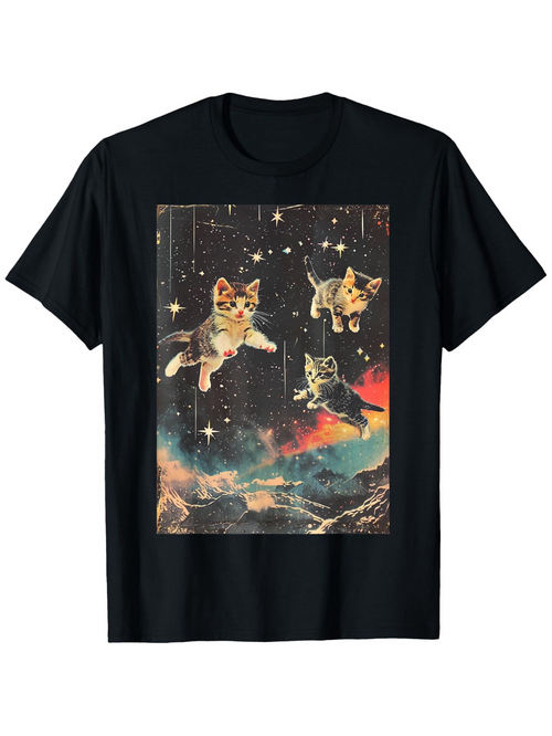 Men's Graphic T-Shirt Floating Kittens Among Stars And Vibrant Cosmic Night Sky