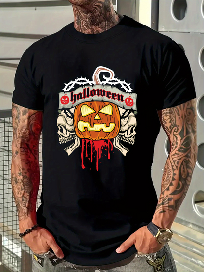 Men's Graphic T-Shirt Halloween Dripping Blood Among Skulls And Bright Carved Pumpkin