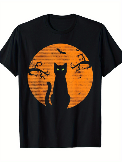 Men's Graphic T-Shirt Glowing Orange Moon Among Bats And Bare Trees Cat