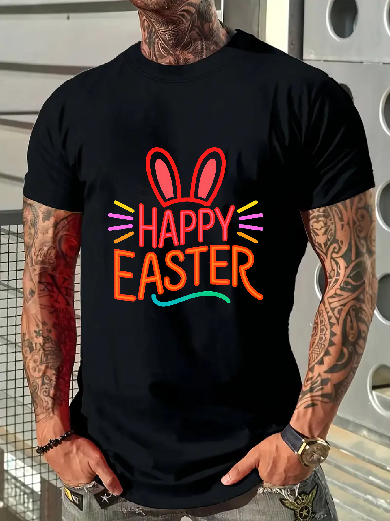 Men's Graphic T-Shirt Happy Easter Neon Style Bunny Ears Surrounded By Colorful Accents