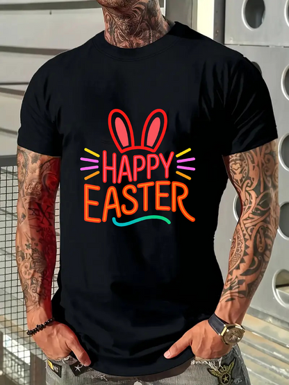 Men's Graphic T-Shirt Happy Easter Neon Style Bunny Ears Surrounded By Colorful Accents