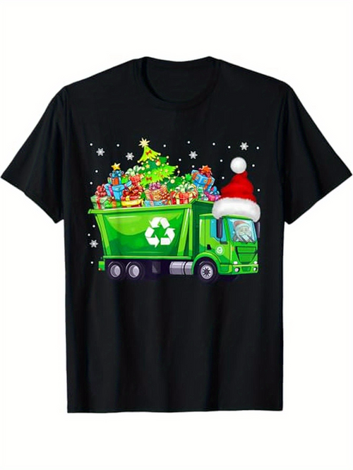Men's Graphic T-Shirt Holiday Lights Recycling Truck With Christmas Tree Gifts And Santa Hat