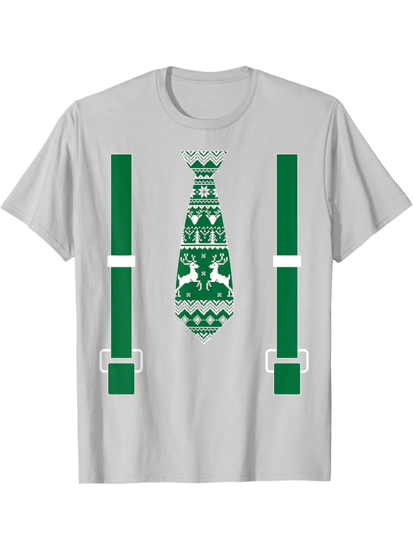 Men's Graphic T-Shirt Festive Green Patterns With Reindeer And Belts On Neck Tie