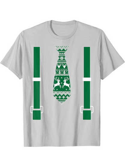 Men's Graphic T-Shirt Festive Green Patterns With Reindeer And Belts On Neck Tie