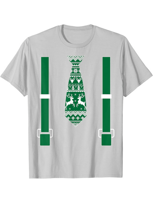 Men's Graphic T-Shirt Festive Green Patterns With Reindeer And Belts On Neck Tie