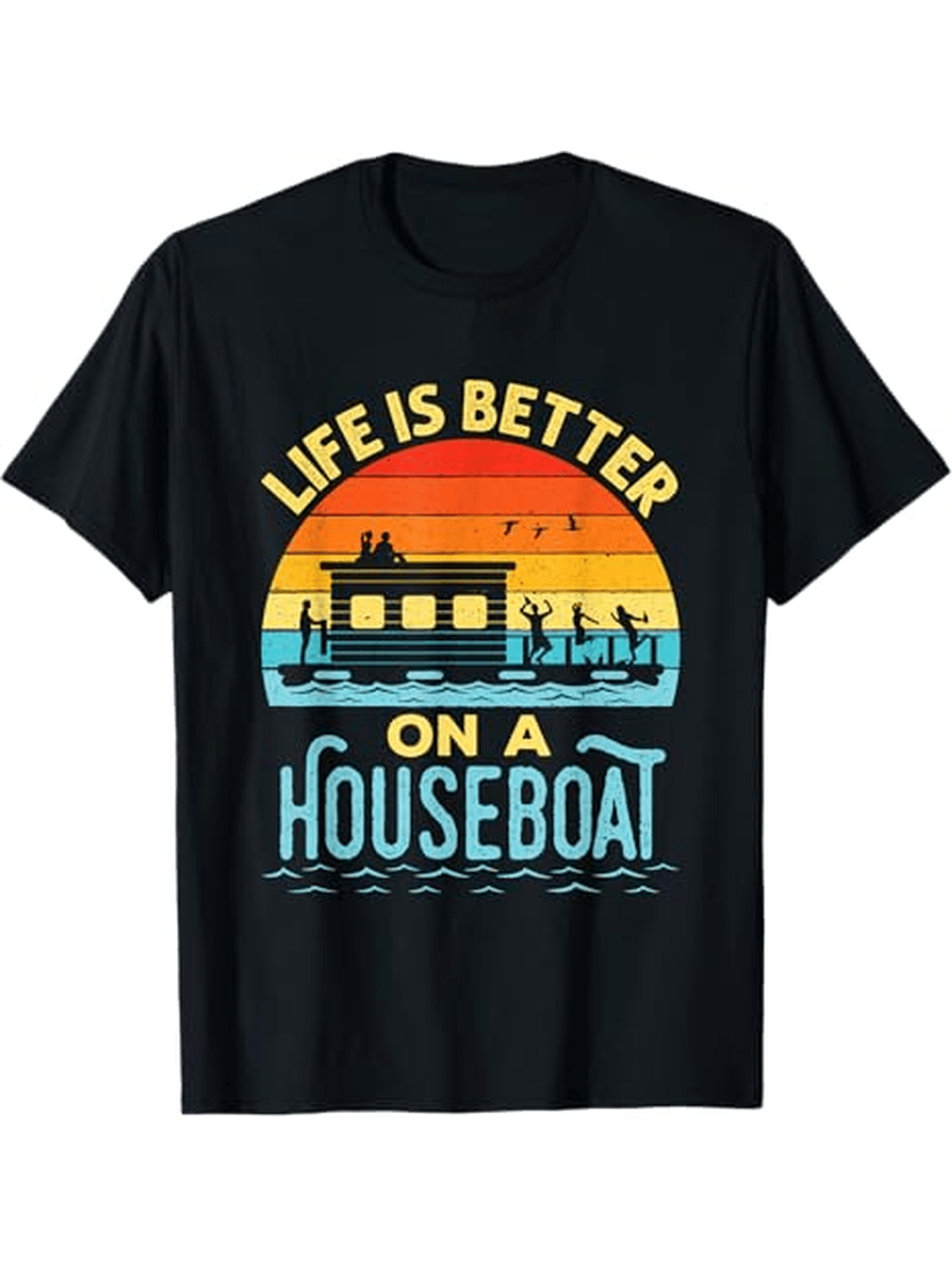 Men's Graphic T-Shirt Life Is Better On A Houseboat Silhouetted Trees At Sunset With Water Birds And Rippling Waves Houseboat