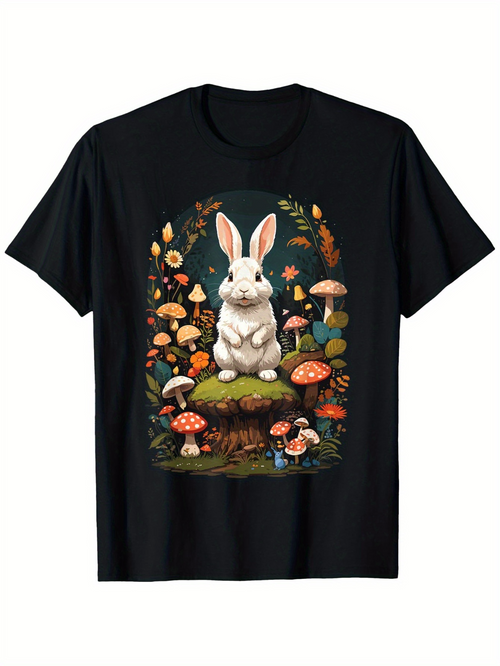 Men's Graphic T-Shirt Enchanted Woodland Scene With Moss Mushrooms And Ferns Featuring Rabbit