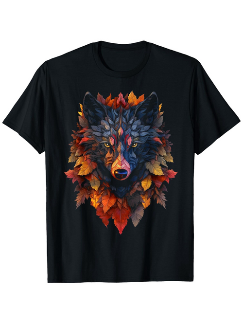 Men's Graphic T-Shirt Colorful Autumn Leaves Pattern Surrounding Fierce Wild Wolf Head