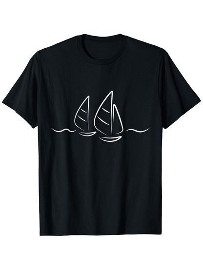 Men's Graphic T-Shirt Minimalist White Line Drawing Of Sailing Boats On Calm Dark Water