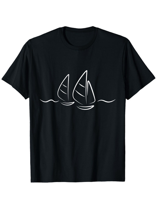 Men's Graphic T-Shirt Minimalist White Line Drawing Of Sailing Boats On Calm Dark Water