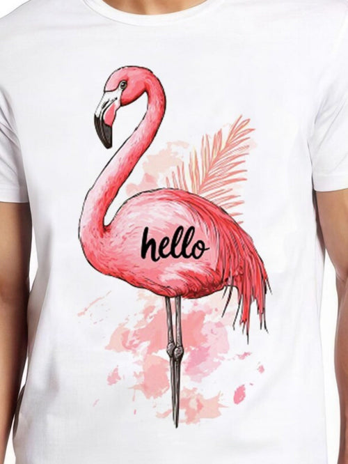 Men's Graphic T-Shirt Hello Watercolor Pink Flamingo With Soft Pastel Palm Leaf