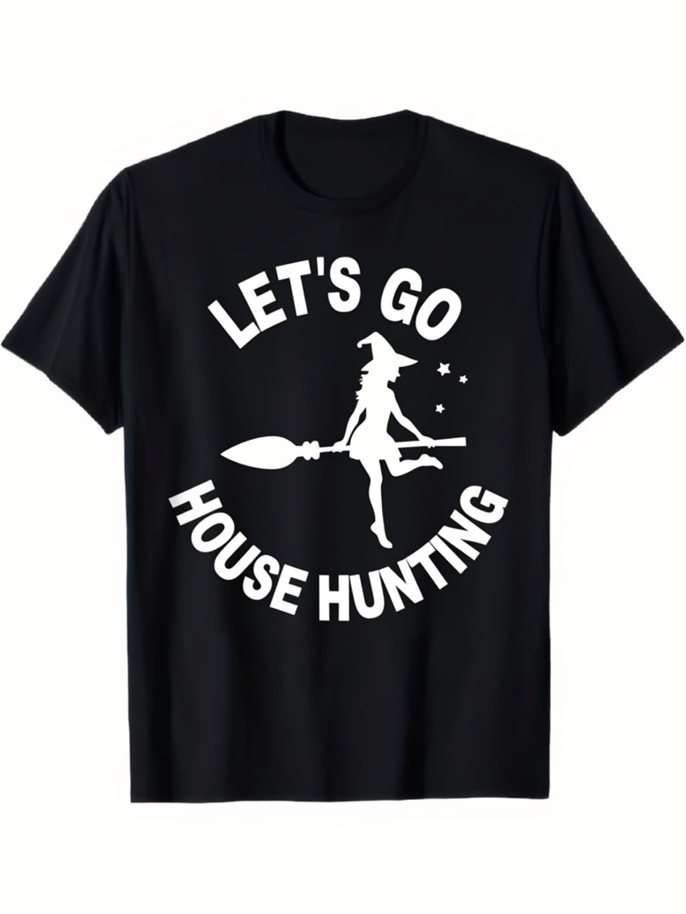 Men's Graphic T-Shirt Lets Go House Hunting Witch With Stars And Flying Broom