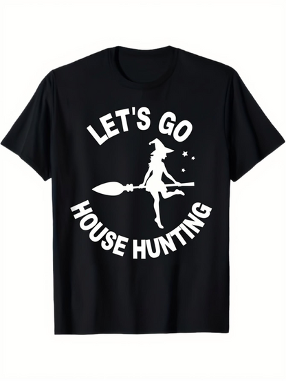 Men's Graphic T-Shirt Lets Go House Hunting Witch With Stars And Flying Broom