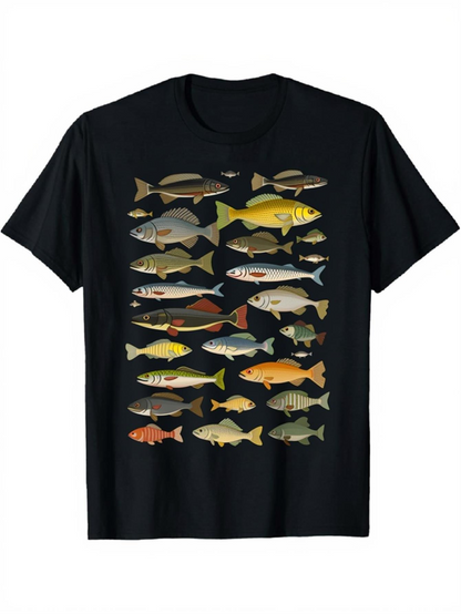 Men's Graphic T-Shirt Colorful Watercolor Fish Patterns Swimming Against Black Shirt