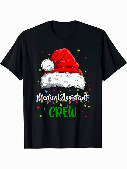 Men's Graphic T-Shirt Medical Assistant Crew Festive Red Santa Hat With Holiday Lights Decoration