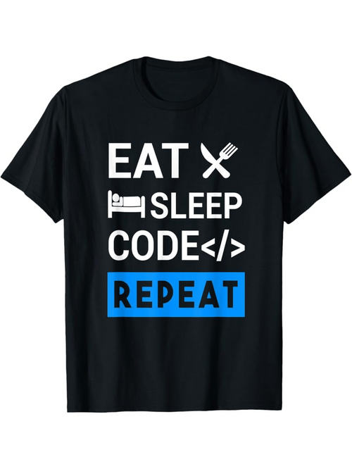 Men's Graphic T-Shirt Eat Sleep Code Repeat With Minimal Icons On Black Cotton T Shirt