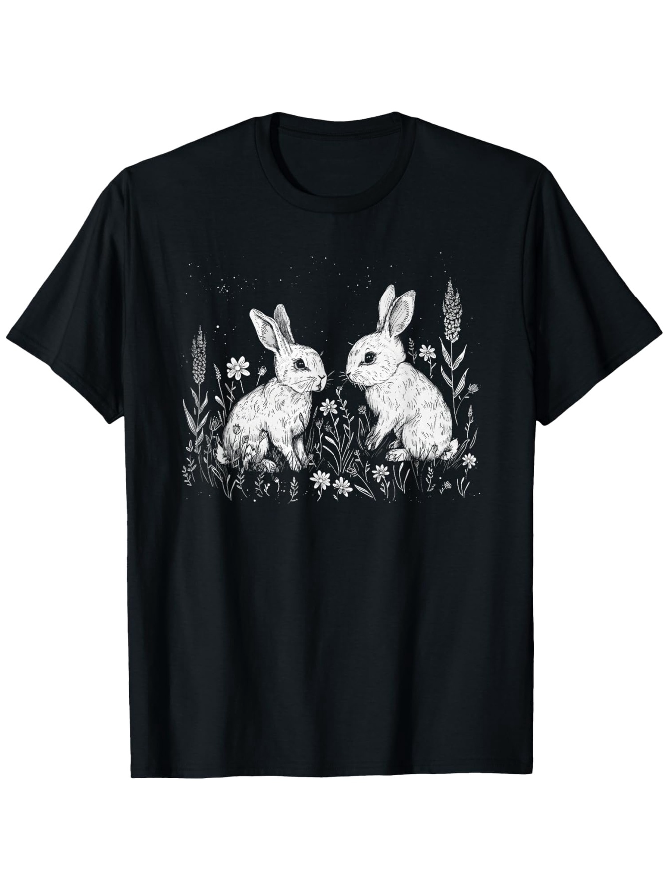 Men's Graphic T-Shirt Botanical Foliage With Delicate Flowers And Majestic Rabbits Under Moonlit Sky Rabbit