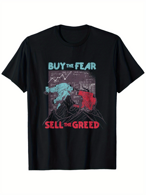 Men's Graphic T-Shirt Buy The Fear Sell The Greed Surging Stock Charts With Charging Bull And Bear