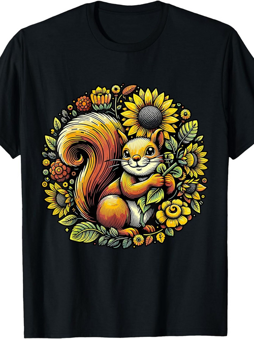 Men's Graphic T-Shirt Vibrant Sunflowers And Foliage Surrounding Playful Orange Brown Squirrel