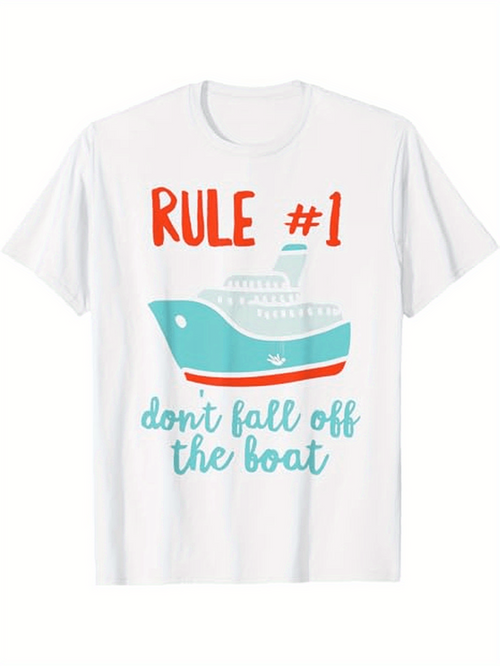 Men's Graphic T-Shirt Rule 1 Dont Fall Off The Boat With Blue Waves Underneath A Large Cruise Ship