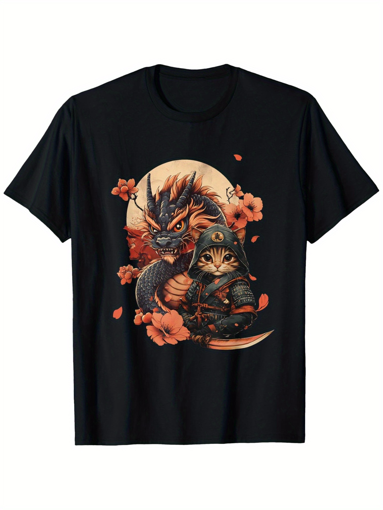 Men's Graphic T-Shirt Cherry Blossom Night With Moonlit Fierce Samurai Cat And Warrior Dragon