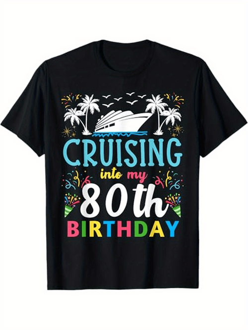 Men's Graphic T-Shirt Cruising Into My 80th Birthday With Palm Trees Colorful Confetti And Large White Yacht