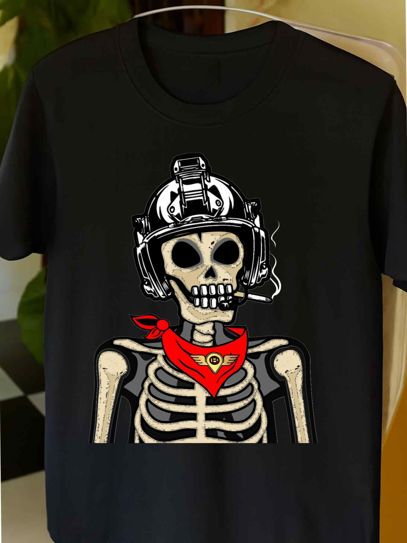 Men's Graphic T-Shirt Skeleton Wearing Helmet And Red Bandana With Bold Expression