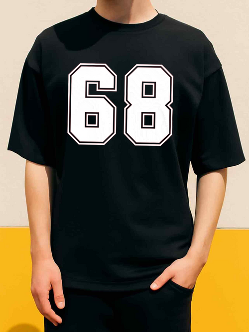 Men's Graphic T-Shirt Bold White Outline Numbers On Solid Black Shirt 68