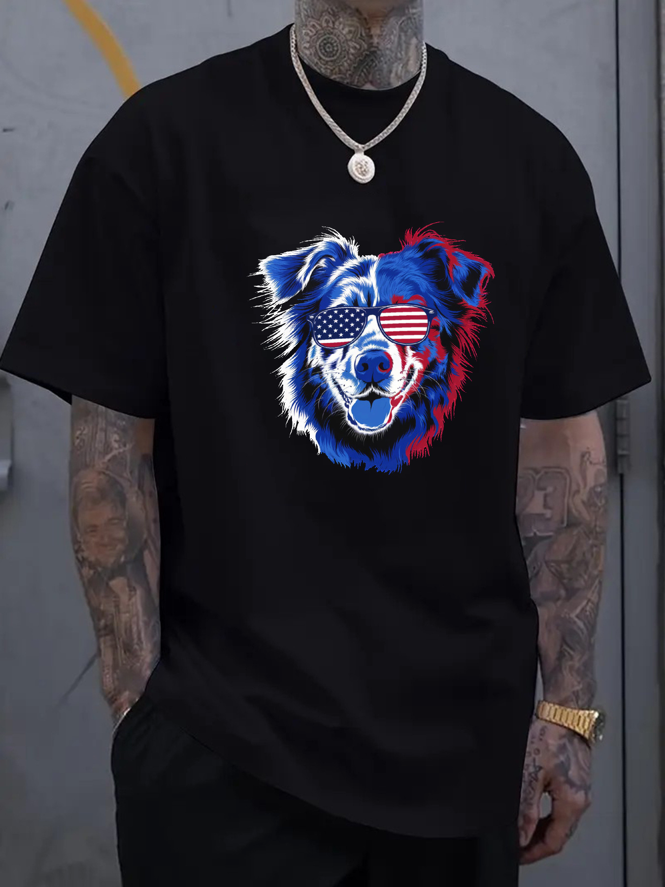 Men's Graphic T-Shirt Patriotic Colors With American Flag Eyewear Fluffy Dog Portrait