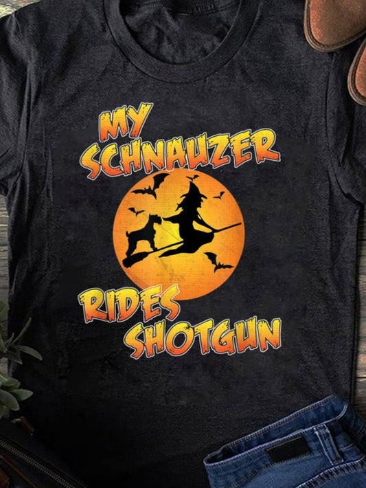 Women's Graphic T-Shirt My Schnauzer Rides Shotgun Halloween Moon With Witch Flying And Bats